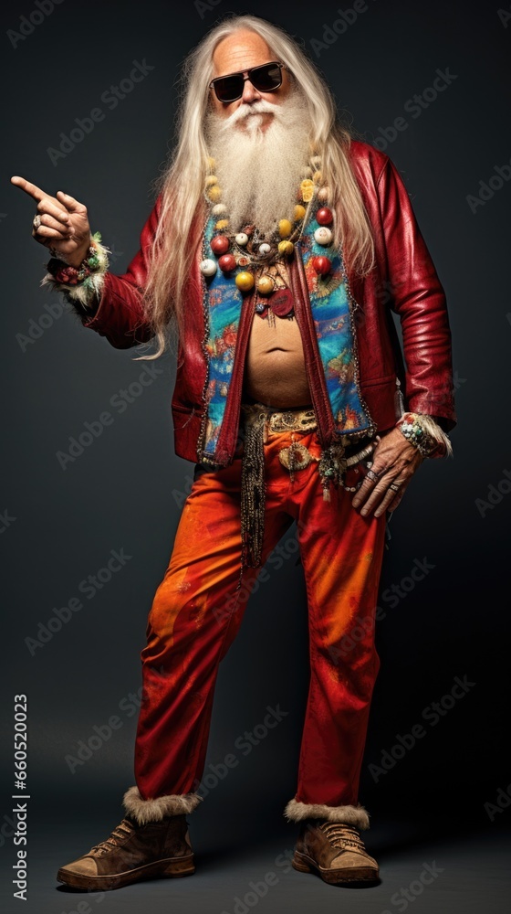 Senior man trendy hipster santa claus wearing a costume pointing.