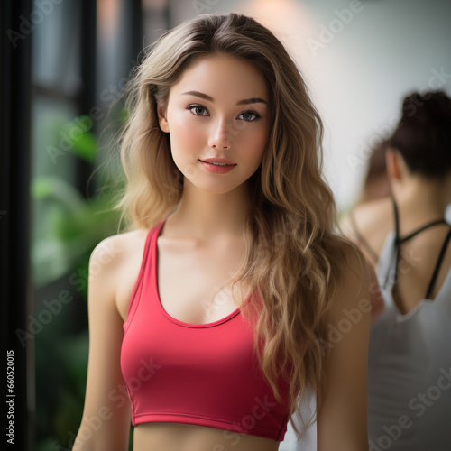 Stunning and beautiful young lady wearing top tanks looking at the camera. Modeling concept