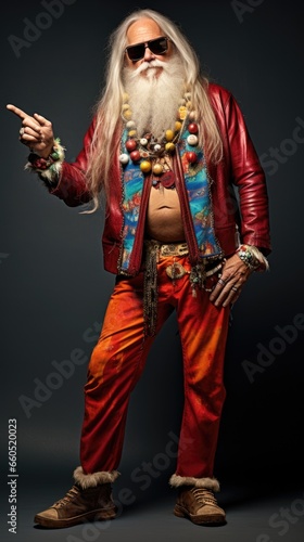 Senior man trendy hipster santa claus wearing a costume pointing.