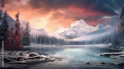 Beautiful winter mountain landscape, river, forest, mountains. Generation AI © Terablete