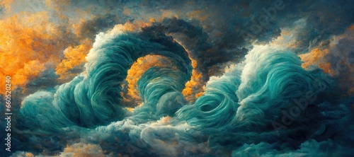 Portal opens in the heavens, swirling dimensional vortex of clouds and huge ocean waves, sunset golden hour orange with aquamarine blue, mesmerizing surreal fantasy cloudscape. 