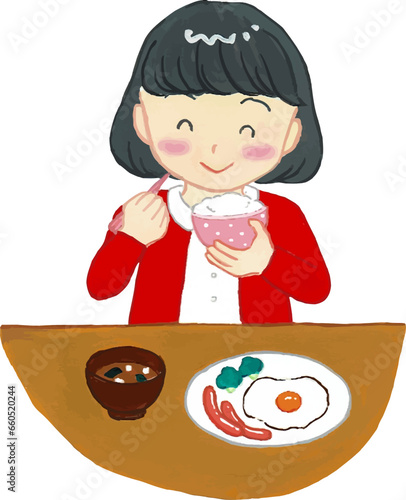 ガッシュ画の朝食中の女の子