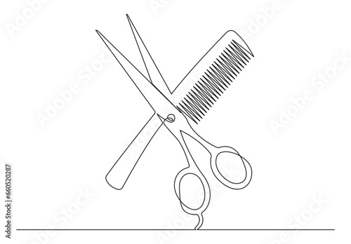 Single line continuous scissors hairdresser symbol concept. Silhouette hair design image style technology icon. Vector illustration. Premium vector. 
