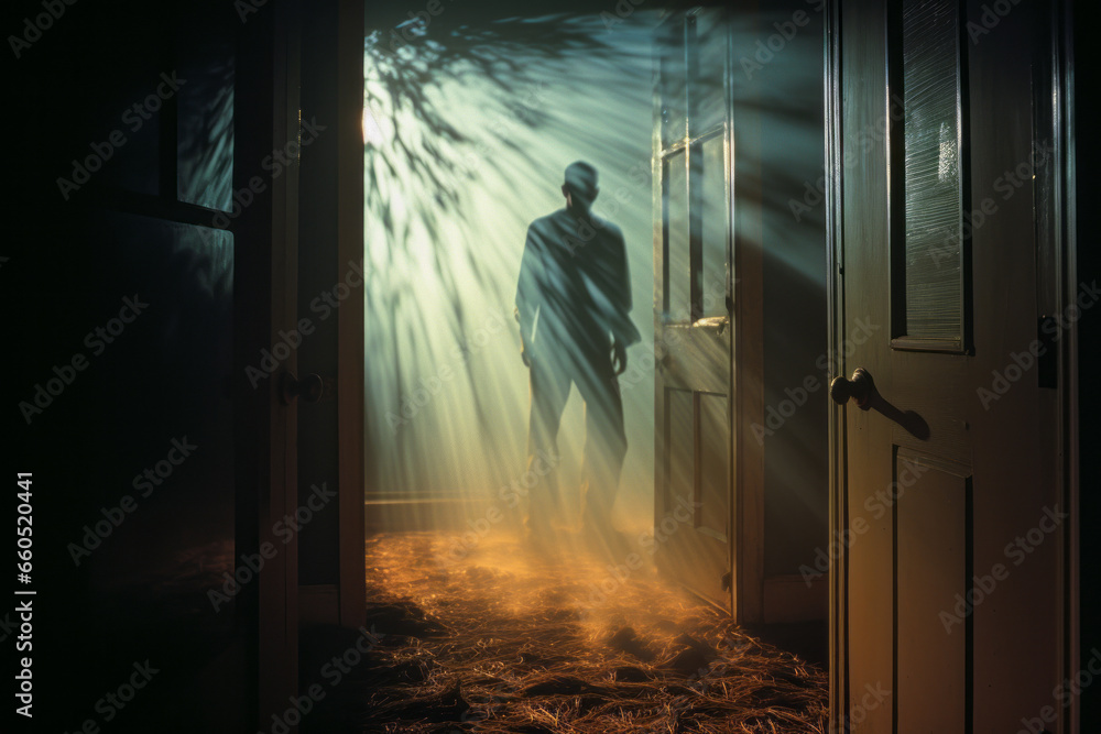 Fototapeta premium Suspenseful silhouette of a ghostly man in front of a frosted door, embodying mystery and fear.