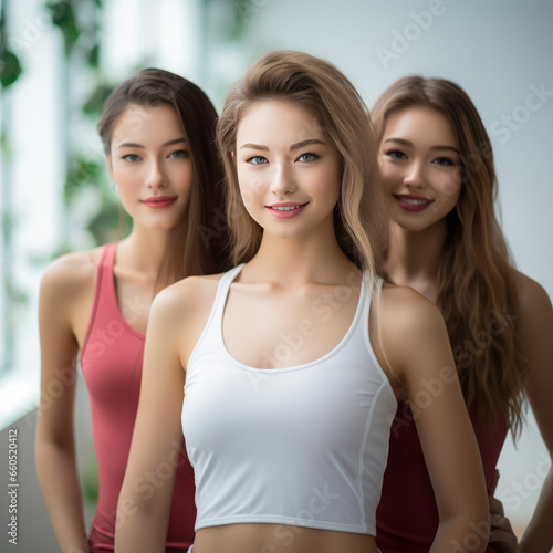 Stunning and beautiful young ladies wearing top tanks looking at the camera. Modeling concept