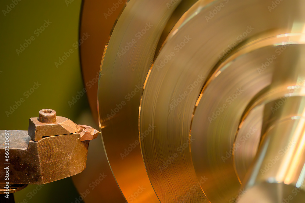 Closeup scene the lathe machine finish cut the brass parts by lathe tools. Closeup scene the lathe machine finish cut the brass parts by lathe tools.