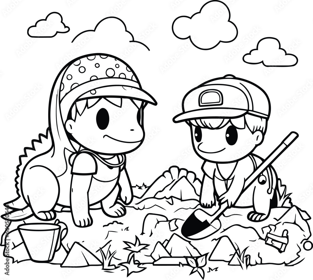 Outline illustration of a boy and a girl digging the ground.