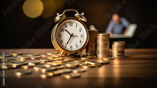 Financial Planning with Clock and Money Heap on Rustic Table