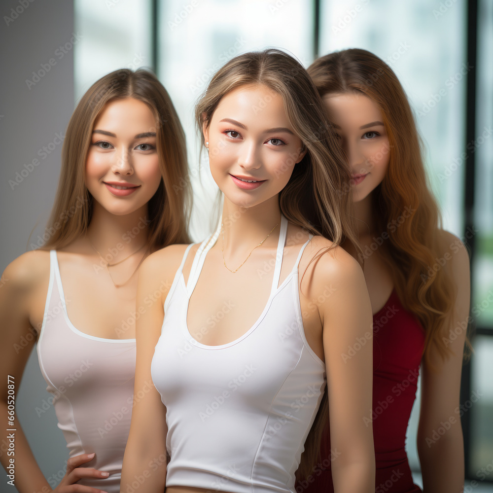 Stunning and beautiful young ladies wearing top tanks posing in front of camera. Modeling concept Stunning and beautiful young ladies wearing top tanks posing in front of camera. Modeling concept