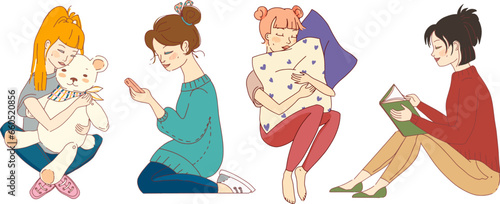 A set of people, girls in various poses. Lifestyle, hobbies, various hobbies and activities. Vector.