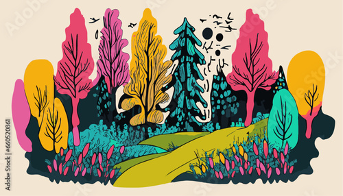 tropical colorful forest ink doodle art