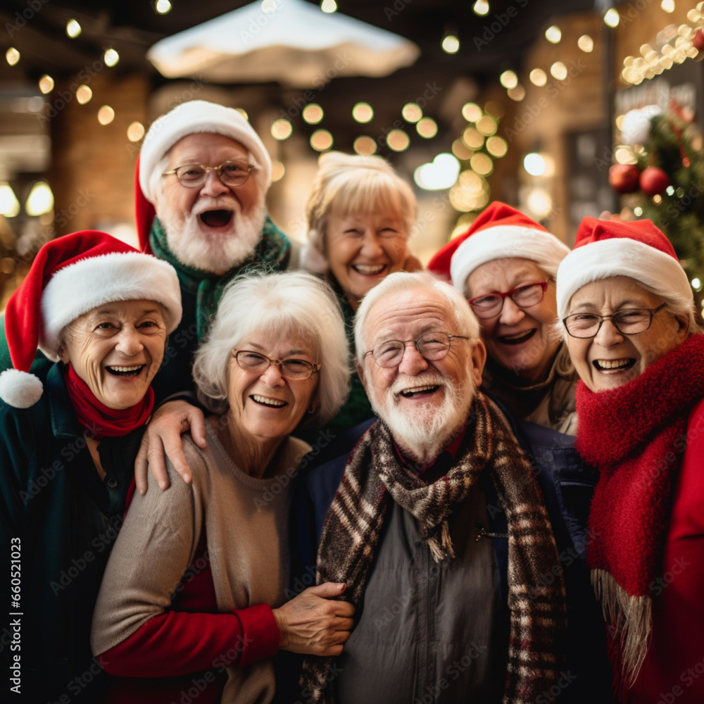 Group of smiling seniors celebrating Christmas. Generative AI