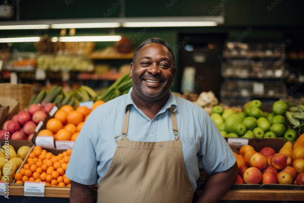 Fototapeta premium Portrait of a happy smiling African american man grocery shop owner