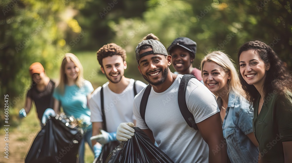 A group of enthusiastic environmental volunteers poses joyfully after a successful day cleaning natural spaces, showcasing their commitment to the planet. Generative AI. - obrazy, fototapety, plakaty 