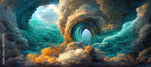 Portal opens in the heavens, swirling dimensional vortex of clouds and huge ocean waves, sunset golden hour orange with aquamarine blue, mesmerizing surreal fantasy cloudscape. 