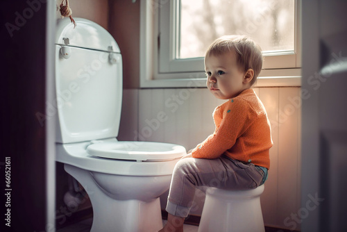 A small child sits in front of the toilet with a puzzled face. Potty training a child.