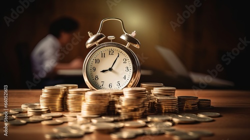 Clock and Money Stack on Wooden Surface Time is Money Concept photo