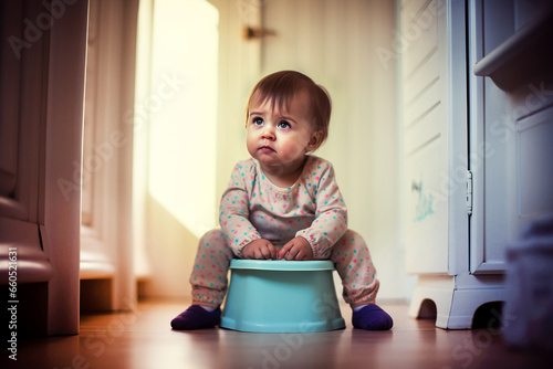 A small child sits on a potty with a puzzled face. Potty training a child.