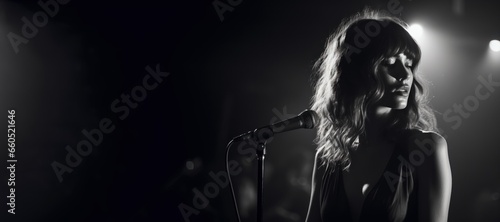 A Beautiful Black and White Vintage Emotional Female Classic Rock Singer Background - Sensual Rock Singer with Empty Copy Space for Text - Classic Rock Wallpaper created with Generative AI Technology