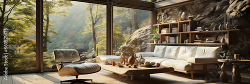 Interior Design, Minimalistic Living room with serene nature view, Beautiful villa design in the forest © AlexCaelus