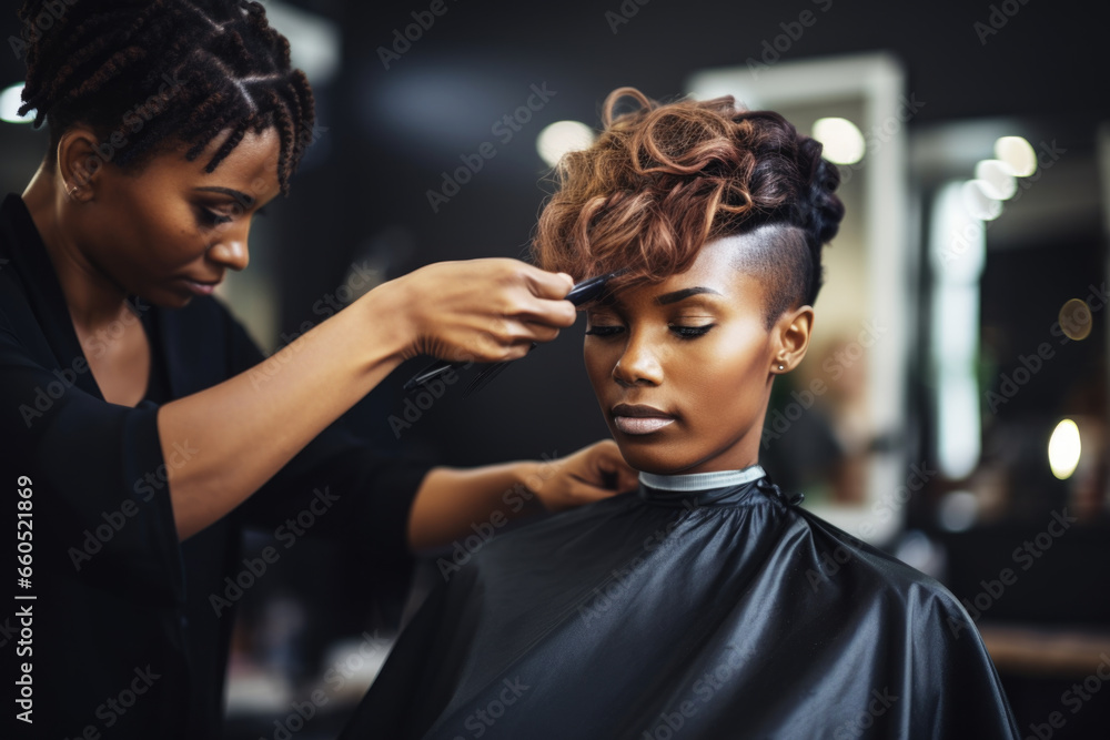 Fototapeta Beautiful black woman getting haircut done by hairstylist in hair salon