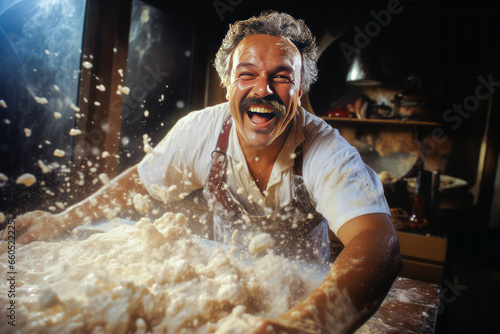 Surreal scene of jovial mustached pizzaiolo performing dough tricks, amidst floating islands and waterfalls.