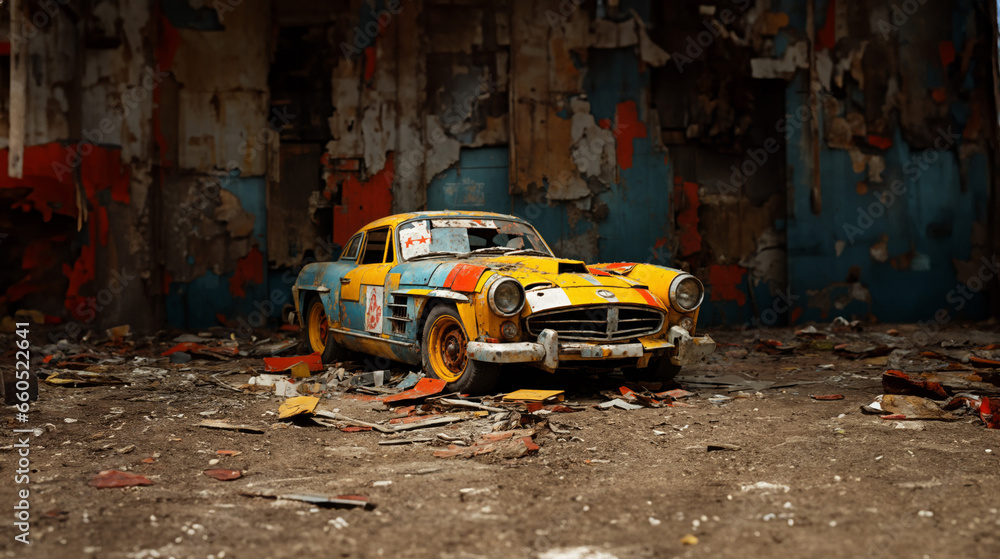 An old broken down car wreck. Multi colored panels. Smashed glass. Vintage car. Urban grunge. Graffiti background. Garbage. Wreckage. - obrazy, fototapety, plakaty 