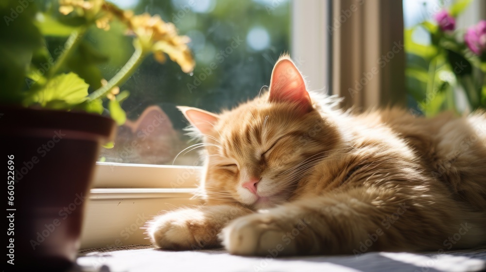 A cat sunbathing on a window sill, basking in the light play of a lazy afternoon. The scene radiates feline contentment. A cat sunbathing on a window sill, basking in the light play of a lazy afternoon. The scene radiates feline contentment.