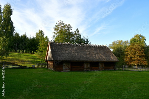 A view of an old wooden hut, shack, or stable surrounded with growing flowers, herbs, a wooden fence, and ancient farming equipment seen next to a well maintained lawn, pastureland, or meadow © Rafal