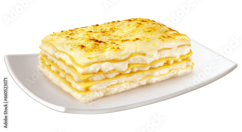 prato  com lasanha de quatro queijo ao molho branco gratinado com permesão isolado em fundo transparente photo