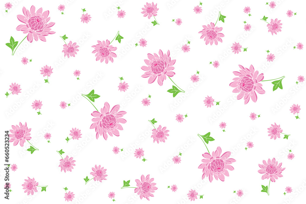 Illustration Pattern of pink flower with leaves on white background.