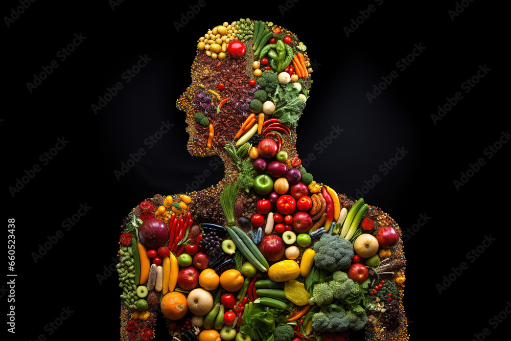 Fresh fruits and vegetables integrated into a human body silhouette for nutritional balance	