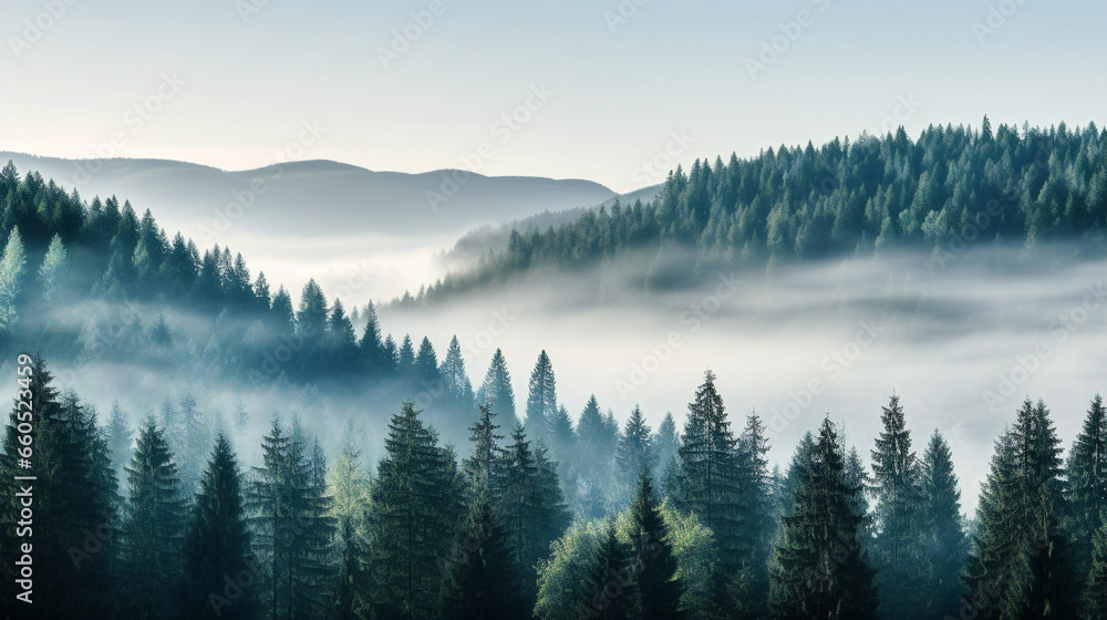 A serene, foggy landscape featuring a dense fir forest, reminiscent of the v52 style in raw AR.