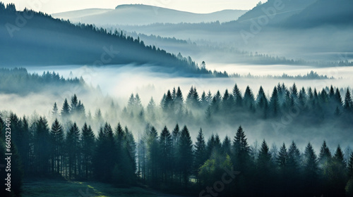 A serene misty landscape featuring a dense fir forest, captured in a vintage 52 style. © Szalai