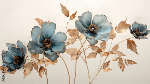 a group of blue flowers on a white background.   Gouache Painting of a Charcoal color flower, Perfect for Wall Art.