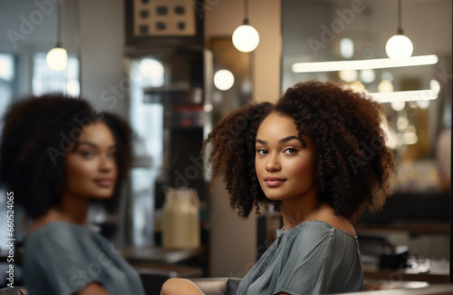 Portrait of a young black woman looking at her new haircut in mirror in the hair salon