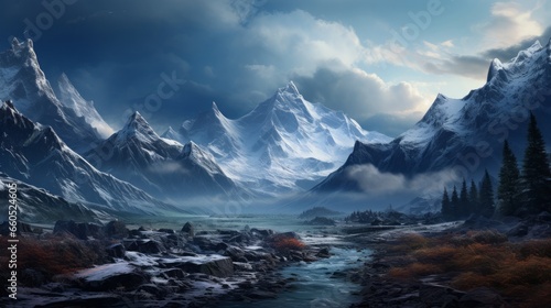 Landscape of mountains. Valley, tundra and forest. Rocks and canyon. Beautiful sky with dark blue clouds.