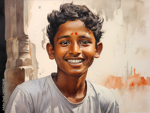 Watercolor portraite of yang punjabi man. Indian people. Illustration. Smiling indian man