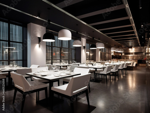 An empty, contemporary restaurant with stylish decor and furnishings, captured from a high angle perspective.