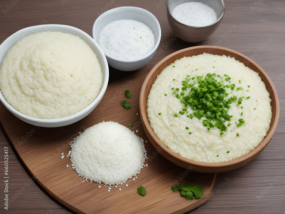 Curd rice on wooden table. Image is generated with the use of an Artificial intelligence Curd rice on wooden table. Image is generated with the use of an Artificial intelligence