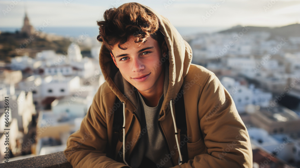 Captivating Arab teenager on a rooftop, with panoramic cityscape and vintage camera. Captivating Arab teenager on a rooftop, with panoramic cityscape and vintage camera.
