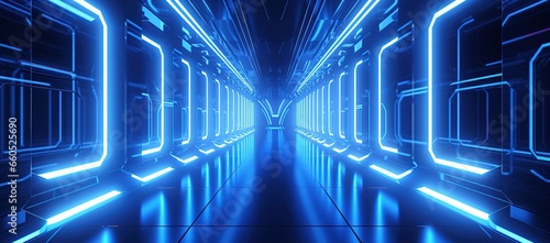 a futuristic hallway with blue light shining down the corridor