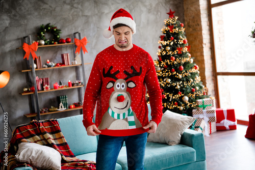 Photo of unsatisfied unpleased young person look reindeer print festive sweater living room house inside photo