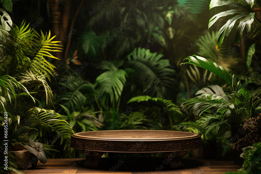 Jungle table background. Interior table for a cosmetic item against the backdrop of tropical plants, palms and jungle Jungle table background. Interior table for a cosmetic item against the backdrop of tropical plants, palms and jungle