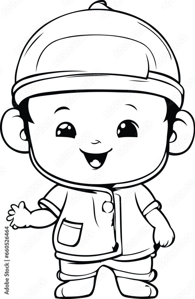 Cute little boy in a helmet and overalls. Vector illustration.