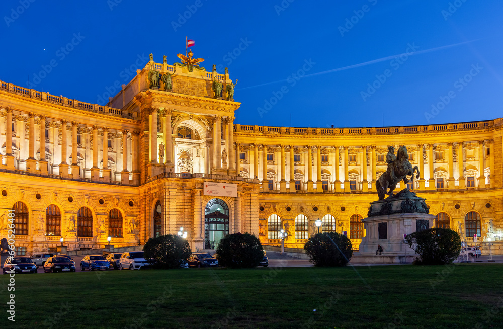 Hofburg palace and statue of Prince Eugene at night, Vienna, Austria Hofburg palace and statue of Prince Eugene at night, Vienna, Austria