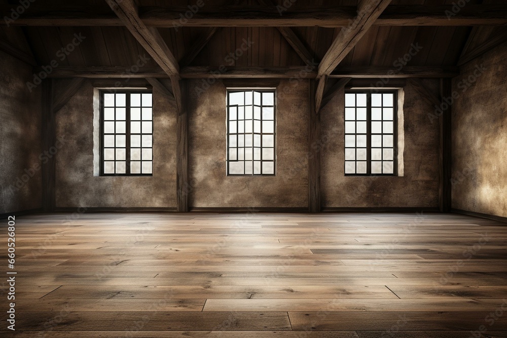 Empty room with rustic timbers and wood floors. Generative AI