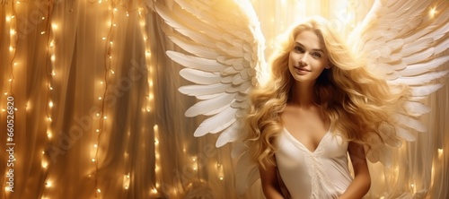 Beautiful Smiling Female Holy Golden White Angel Background - Woman Angel with Empty Copy Space for Text and Ads - Beautiful Smiling Female Angel Wallpaper created with Generative AI Technology
