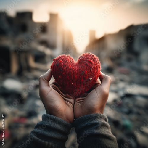 Close-up view at hand hold dirty red knitting heart and blur background of collapse city is destroyed by war. Love against war concept.