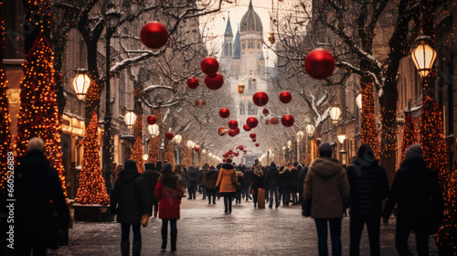 Christmas decorated street in a city with a church in the background and people walking